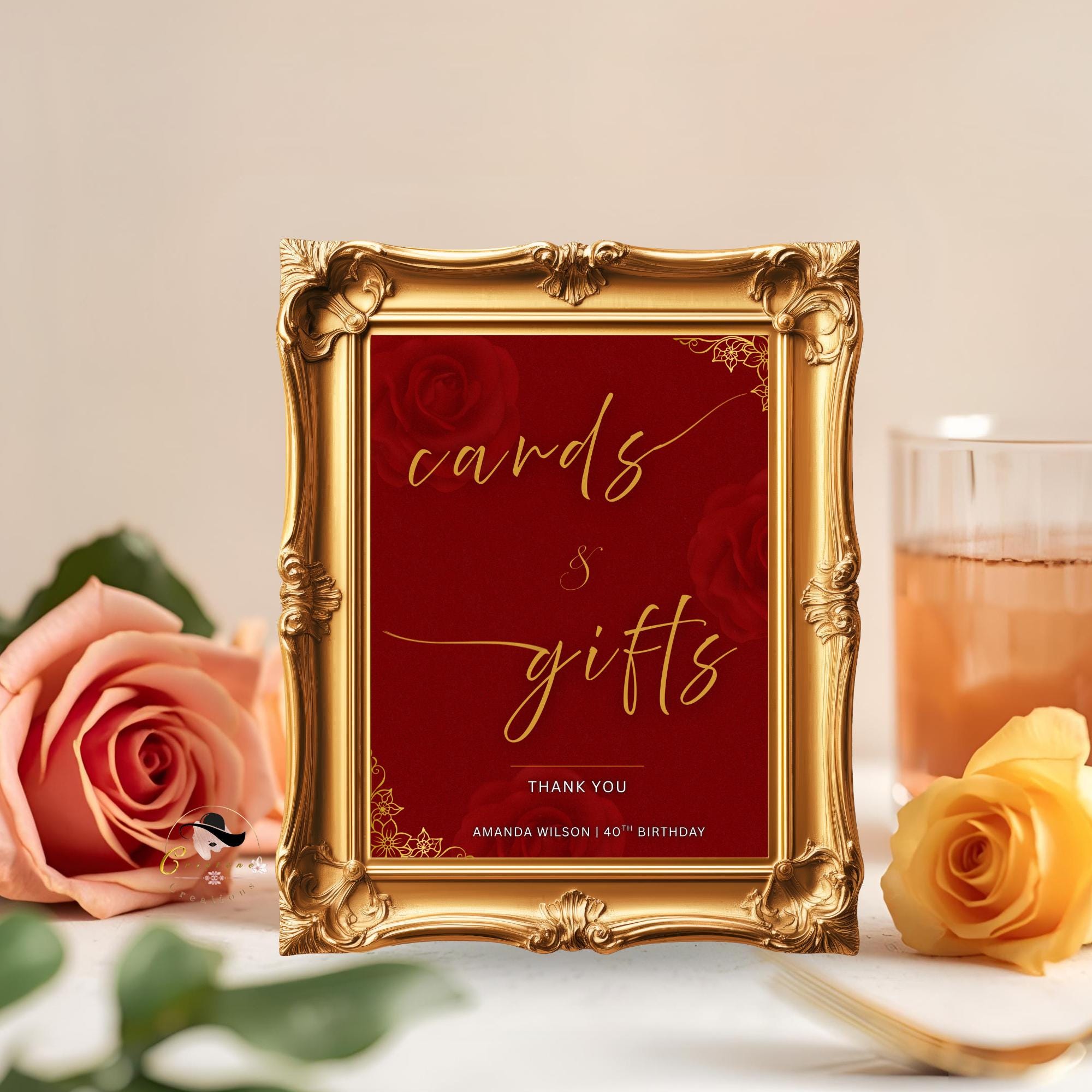 Editable Cards and Gift Sign Template Red Gold Birthday Gift Table Sign Elegant Card Table Sign Printable Retirement Floral Party Sign Decor