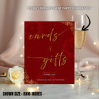 Editable Cards and Gift Sign Template Red Gold Birthday Gift Table Sign Elegant Card Table Sign Printable Retirement Floral Party Sign Decor