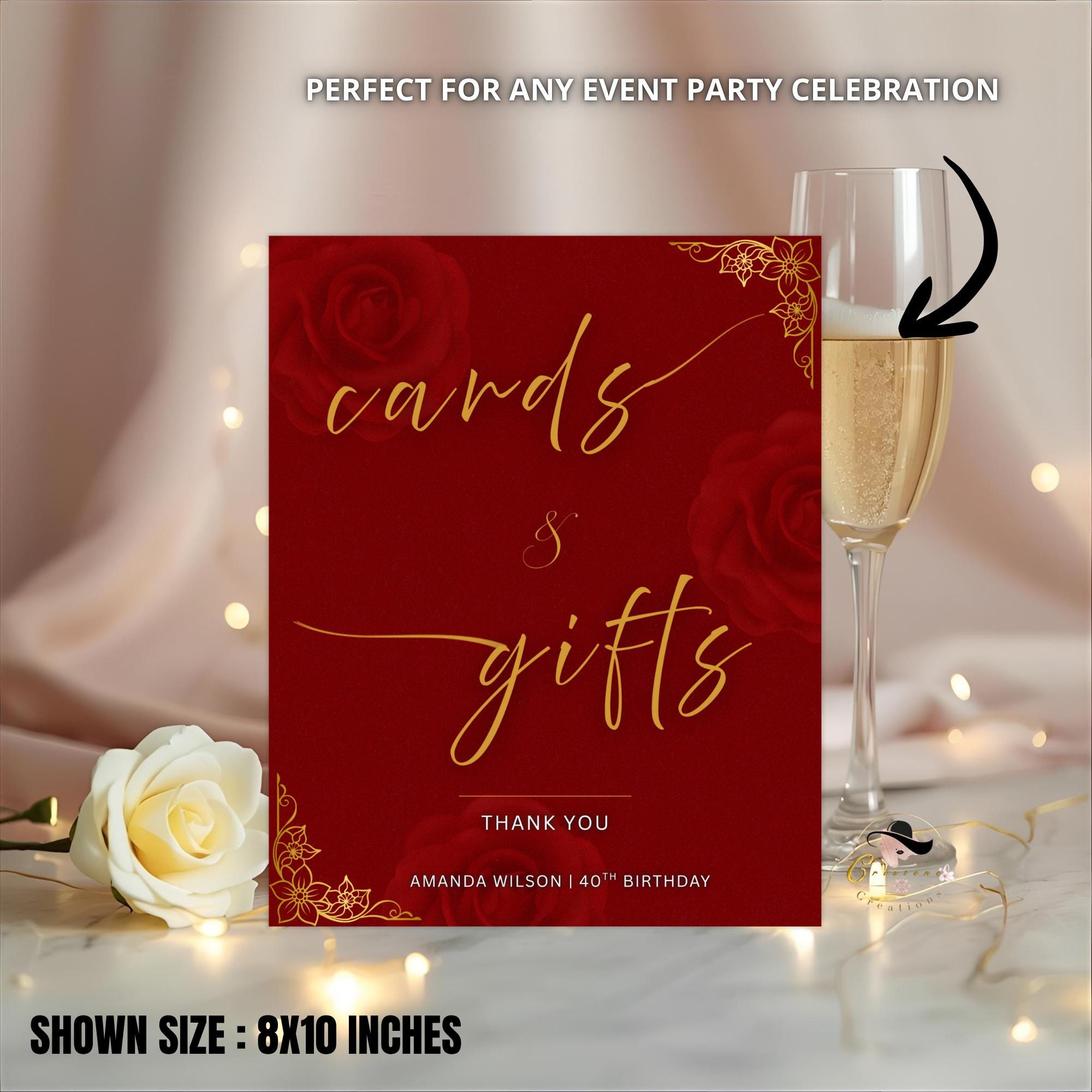 Editable Cards and Gift Sign Template Red Gold Birthday Gift Table Sign Elegant Card Table Sign Printable Retirement Floral Party Sign Decor