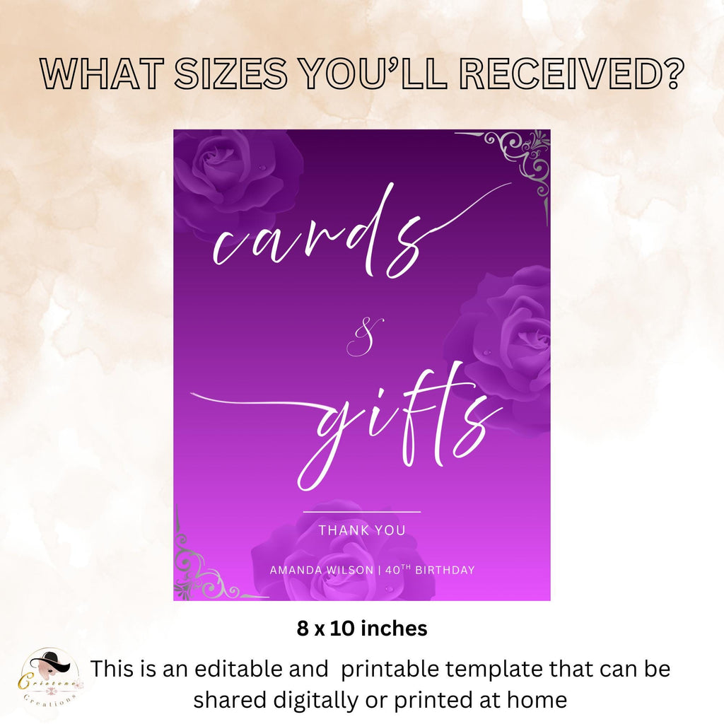Editable Cards and Gift Sign Template Purple Silver Birthday Gift Table Sign, Elegant Card Table Sign Printable Retirement Floral Party Sign