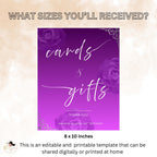 Editable Cards and Gift Sign Template Purple Silver Birthday Gift Table Sign, Elegant Card Table Sign Printable Retirement Floral Party Sign