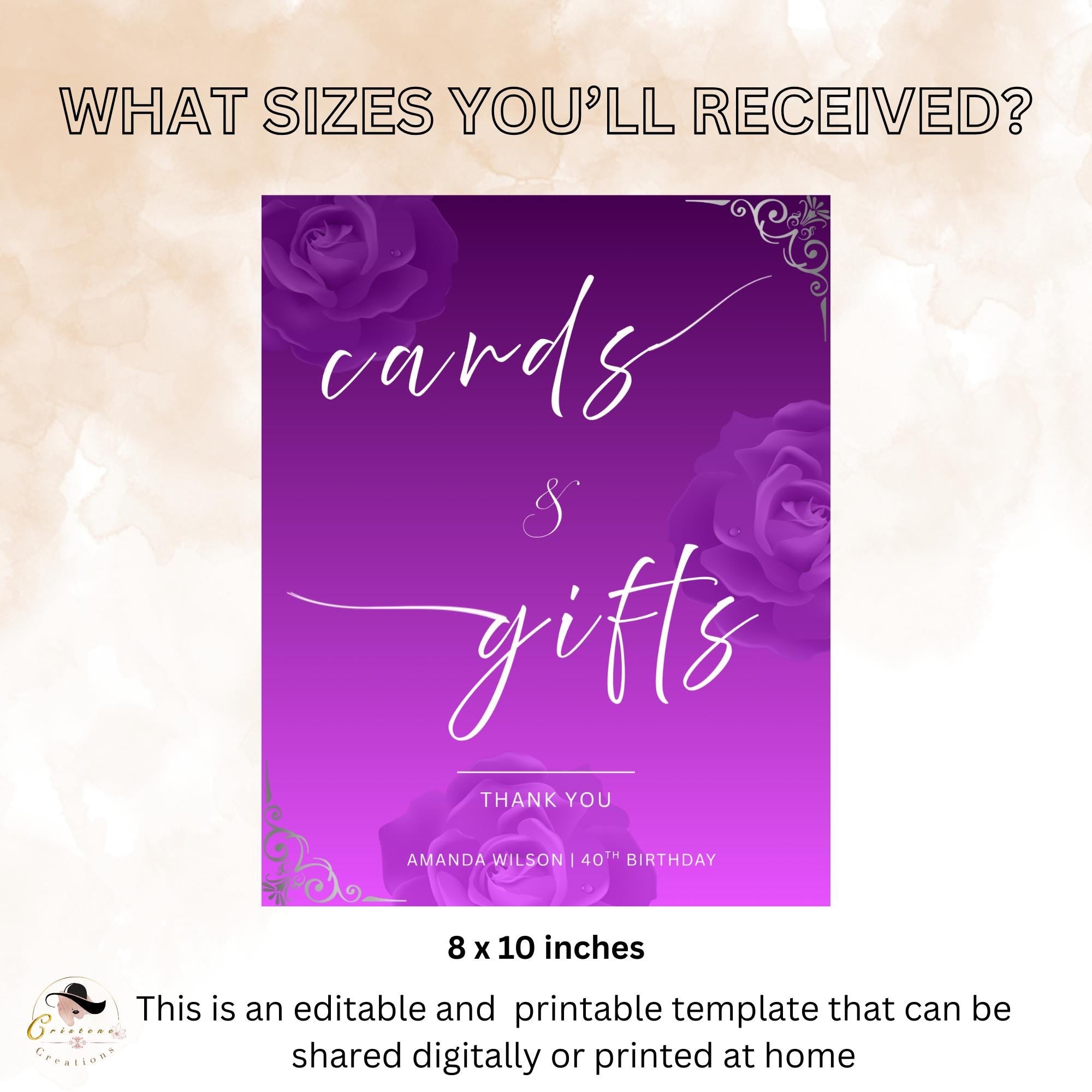 Editable Cards and Gift Sign Template Purple Silver Birthday Gift Table Sign, Elegant Card Table Sign Printable Retirement Floral Party Sign