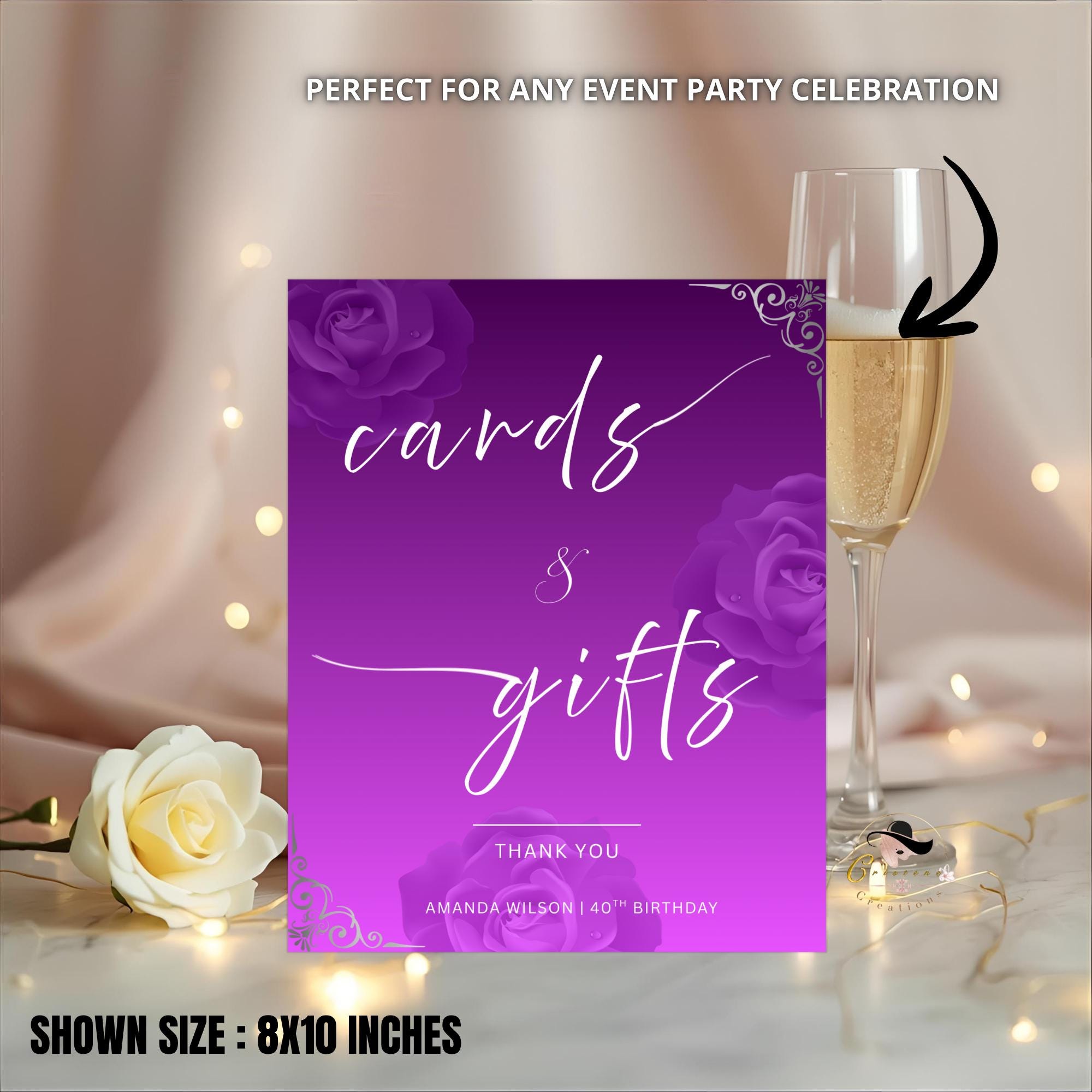 Editable Cards and Gift Sign Template Purple Silver Birthday Gift Table Sign, Elegant Card Table Sign Printable Retirement Floral Party Sign