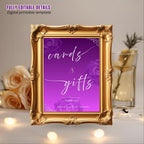 Editable Cards and Gift Sign Template Purple Silver Birthday Gift Table Sign, Elegant Card Table Sign Printable Retirement Floral Party Sign
