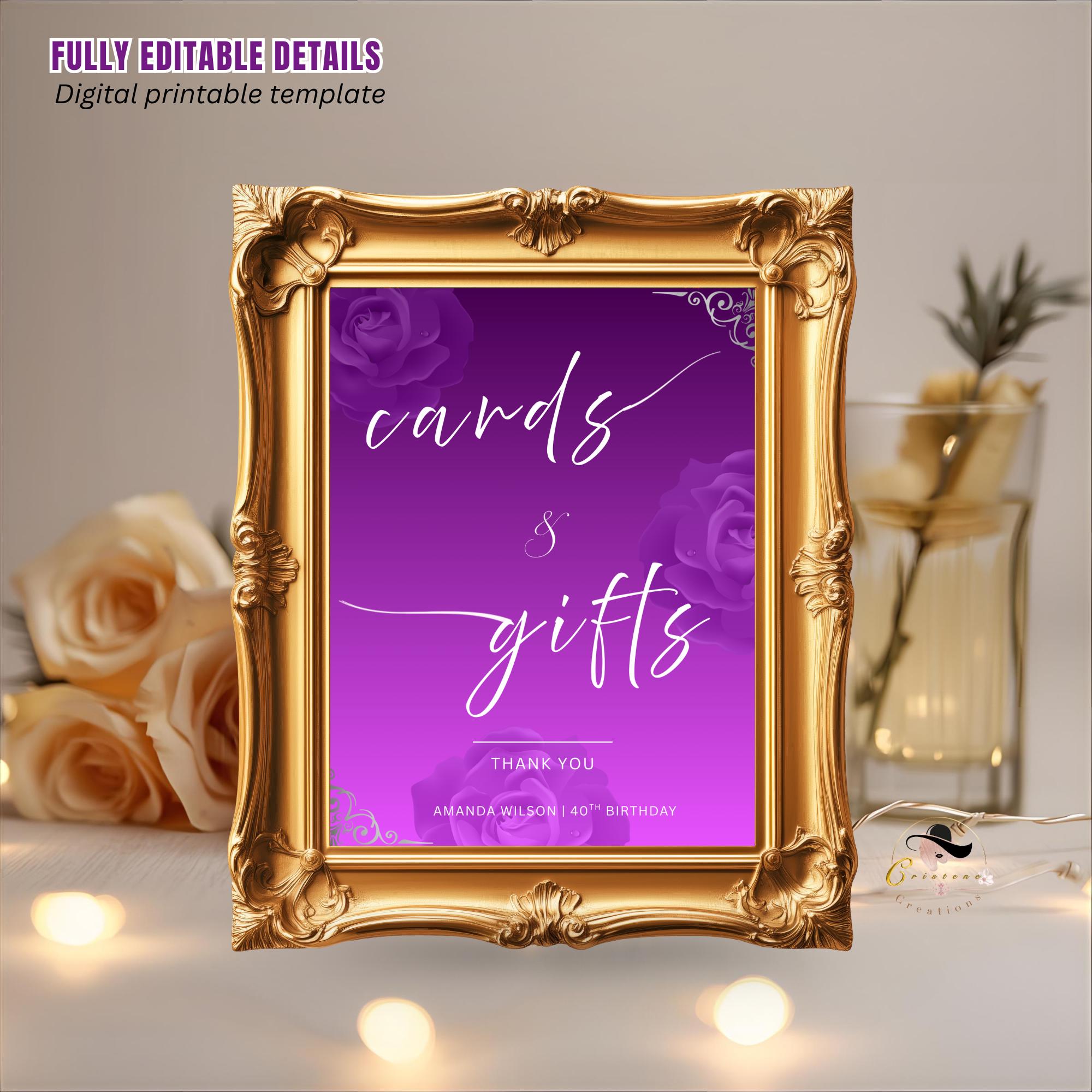 Editable Cards and Gift Sign Template Purple Silver Birthday Gift Table Sign, Elegant Card Table Sign Printable Retirement Floral Party Sign