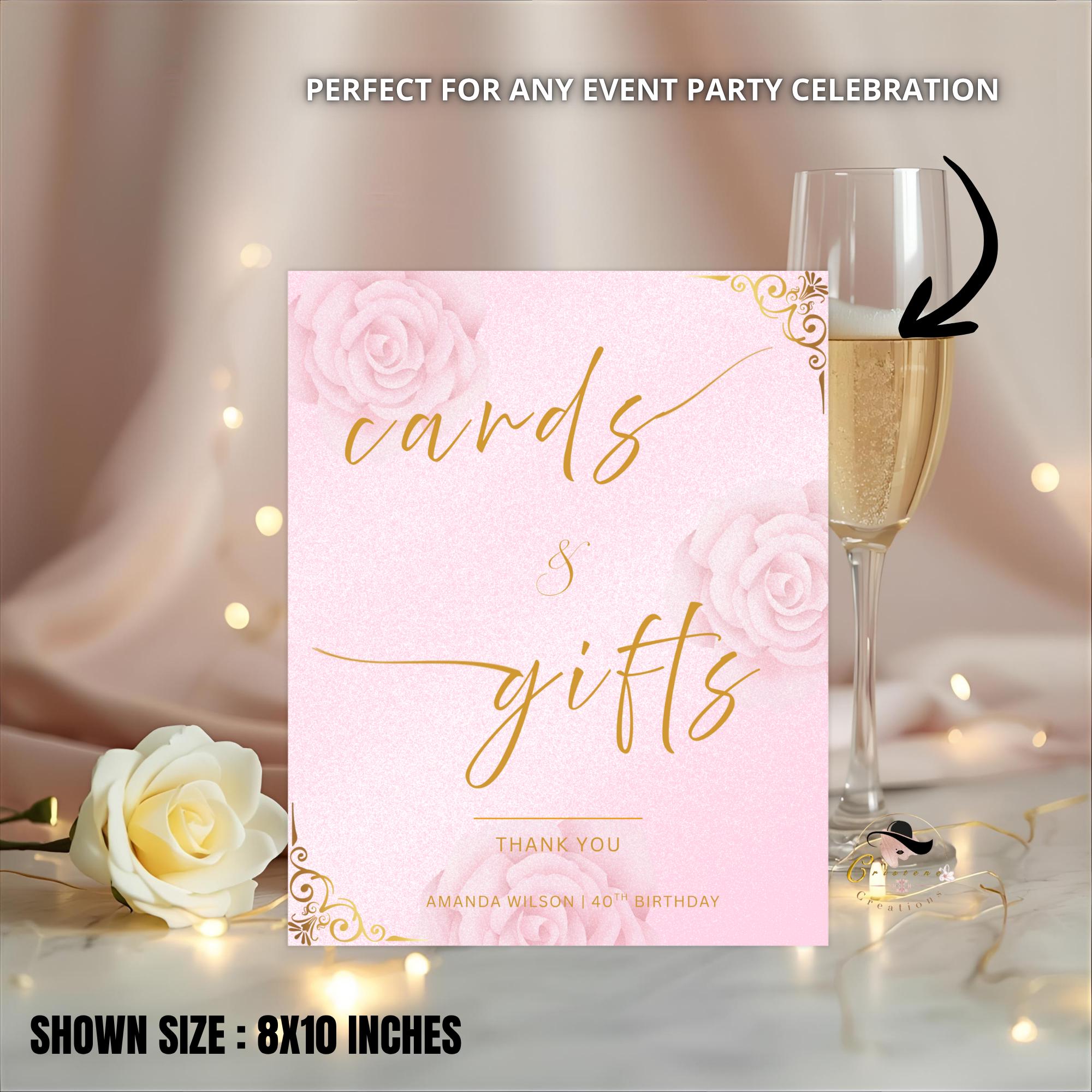 Editable Cards and Gift Sign Template Pink Gold Birthday Gift Table Sign, Elegant Card Table Sign Printable Sweet 16 Floral Party Sign Decor