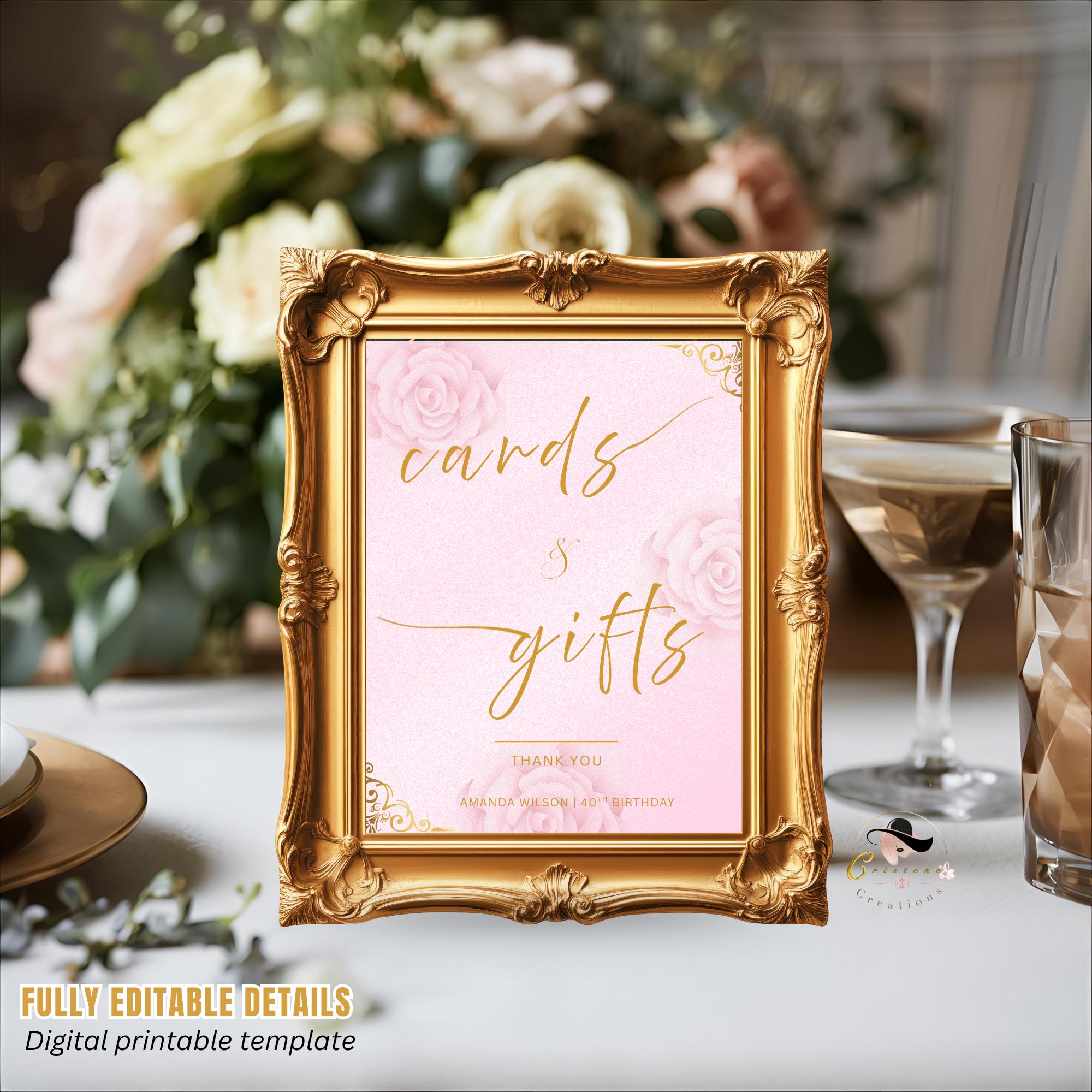 Editable Cards and Gift Sign Template Pink Gold Birthday Gift Table Sign, Elegant Card Table Sign Printable Sweet 16 Floral Party Sign Decor