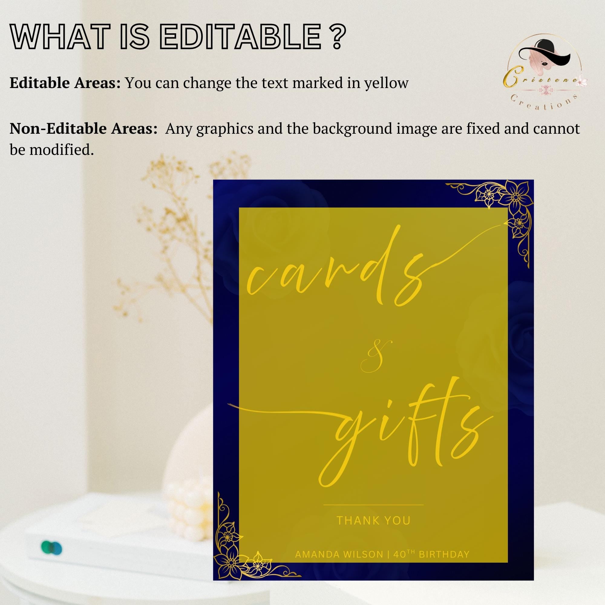 Editable Cards and Gift Sign Template Navy Blue Gold Birthday Gift Table Sign Elegant Card Table Sign Printable Retirement Floral Party Sign
