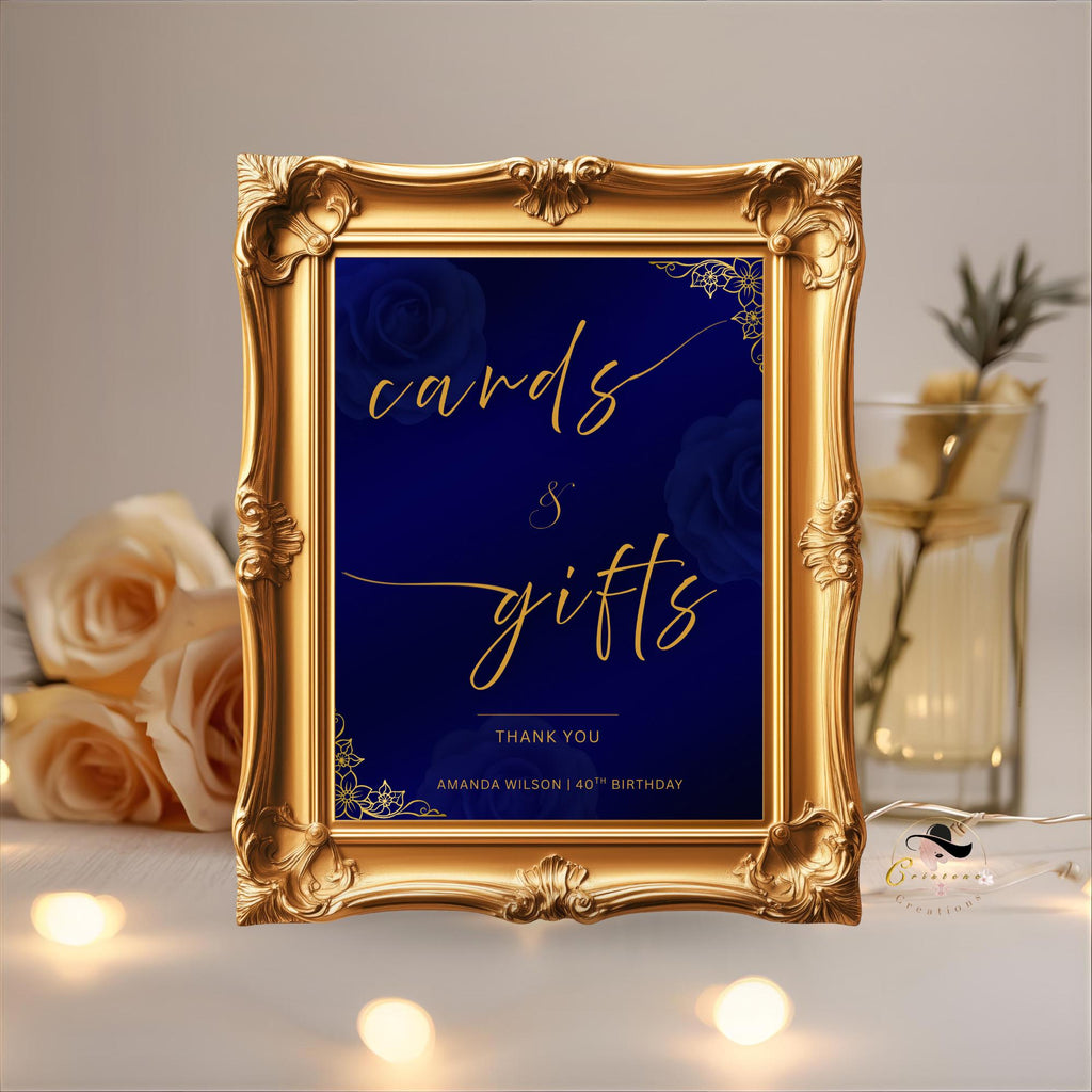 Editable Cards and Gift Sign Template Navy Blue Gold Birthday Gift Table Sign Elegant Card Table Sign Printable Retirement Floral Party Sign