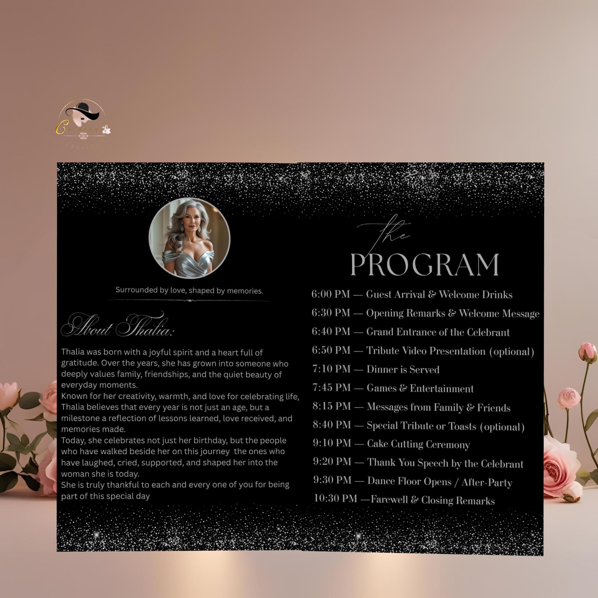 Editable Program Template Black Silver Bifold Birthday Program card with photo Printable Woman Elegant Retirement Party Event Formal Program