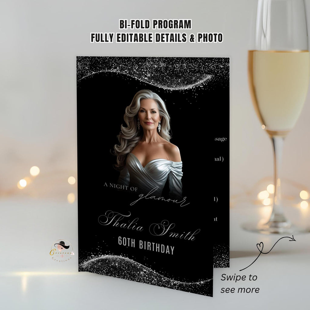 Editable Program Template Black Silver Bifold Birthday Program card with photo Printable Woman Elegant Retirement Party Event Formal Program
