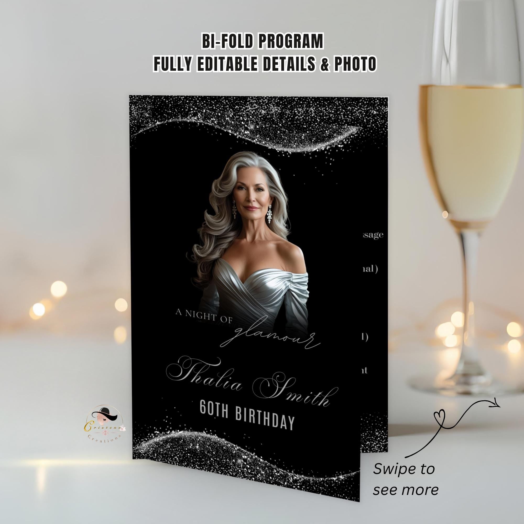 Editable Program Template Black Silver Bifold Birthday Program card with photo Printable Woman Elegant Retirement Party Event Formal Program