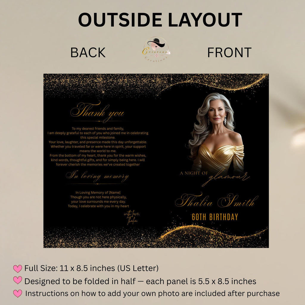 Editable Program Template Black Gold Bifold Birthday Program card with photo Printable Woman Elegant Retirement Party Event Formal Program