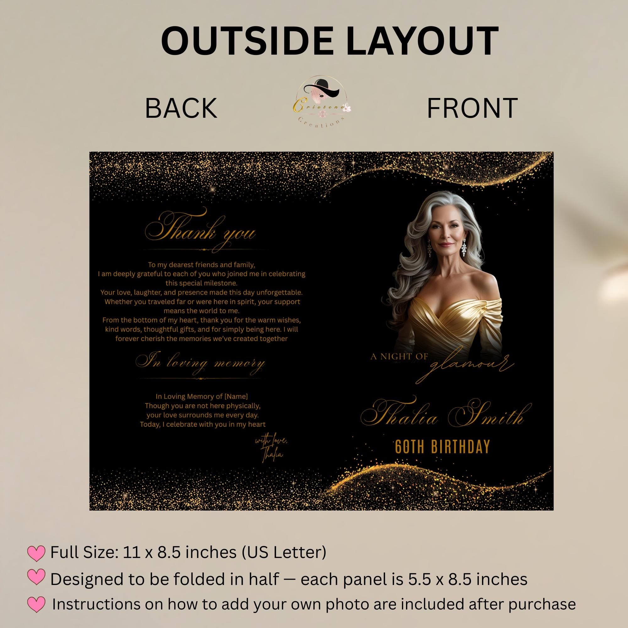 Editable Program Template Black Gold Bifold Birthday Program card with photo Printable Woman Elegant Retirement Party Event Formal Program