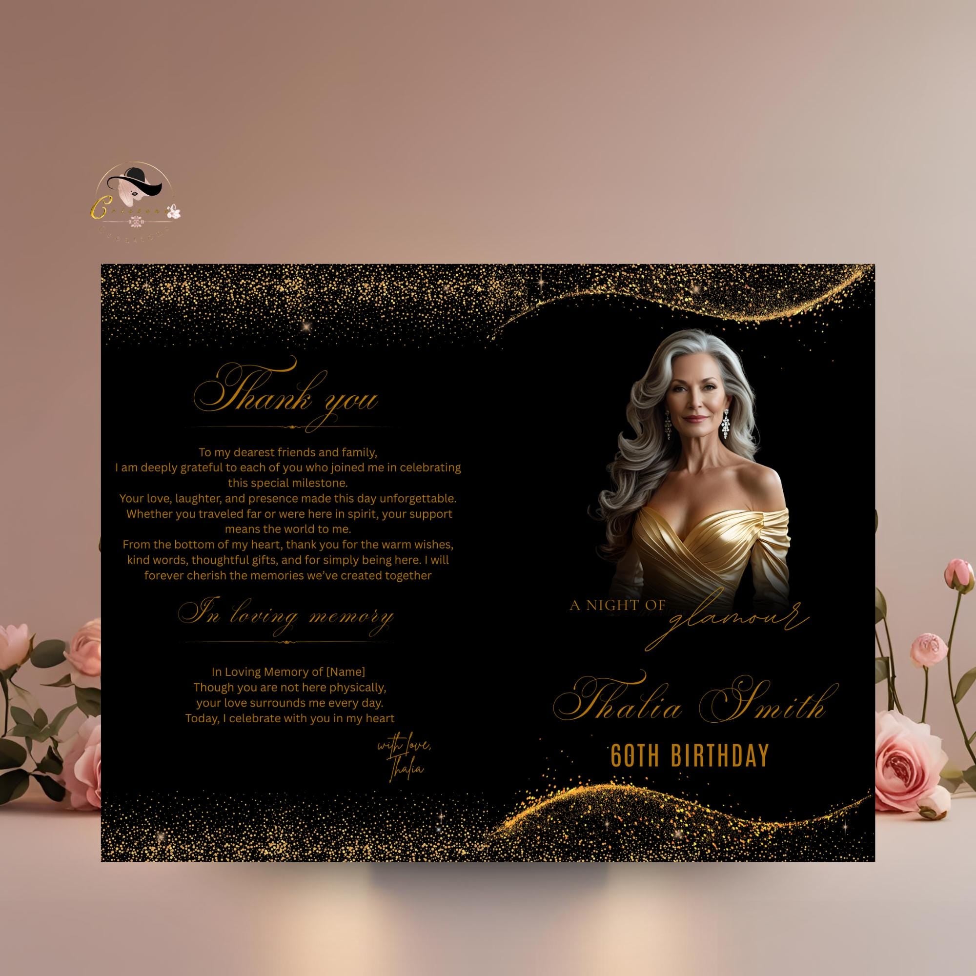 Editable Program Template Black Gold Bifold Birthday Program card with photo Printable Woman Elegant Retirement Party Event Formal Program