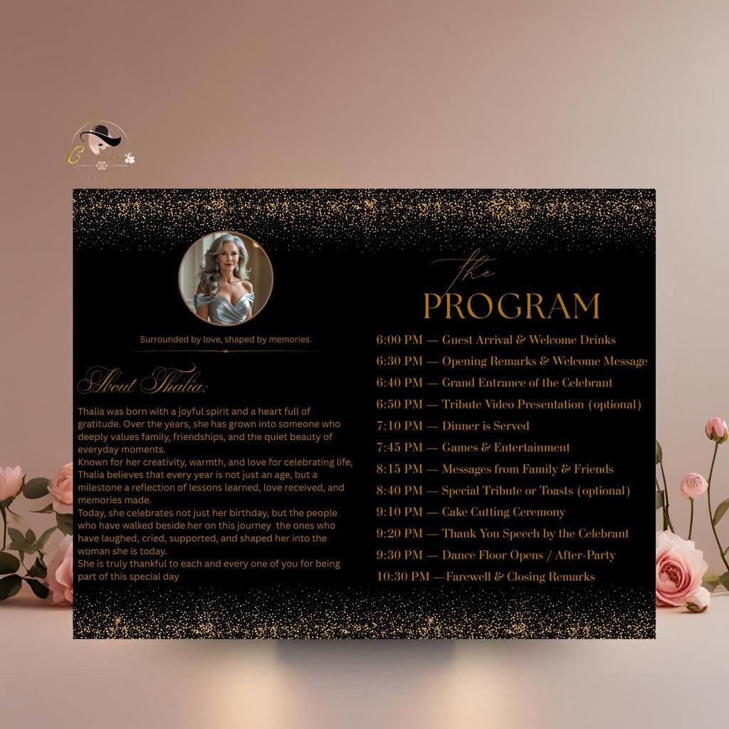 Editable Program Template Black Gold Bifold Birthday Program card with photo Printable Woman Elegant Retirement Party Event Formal Program