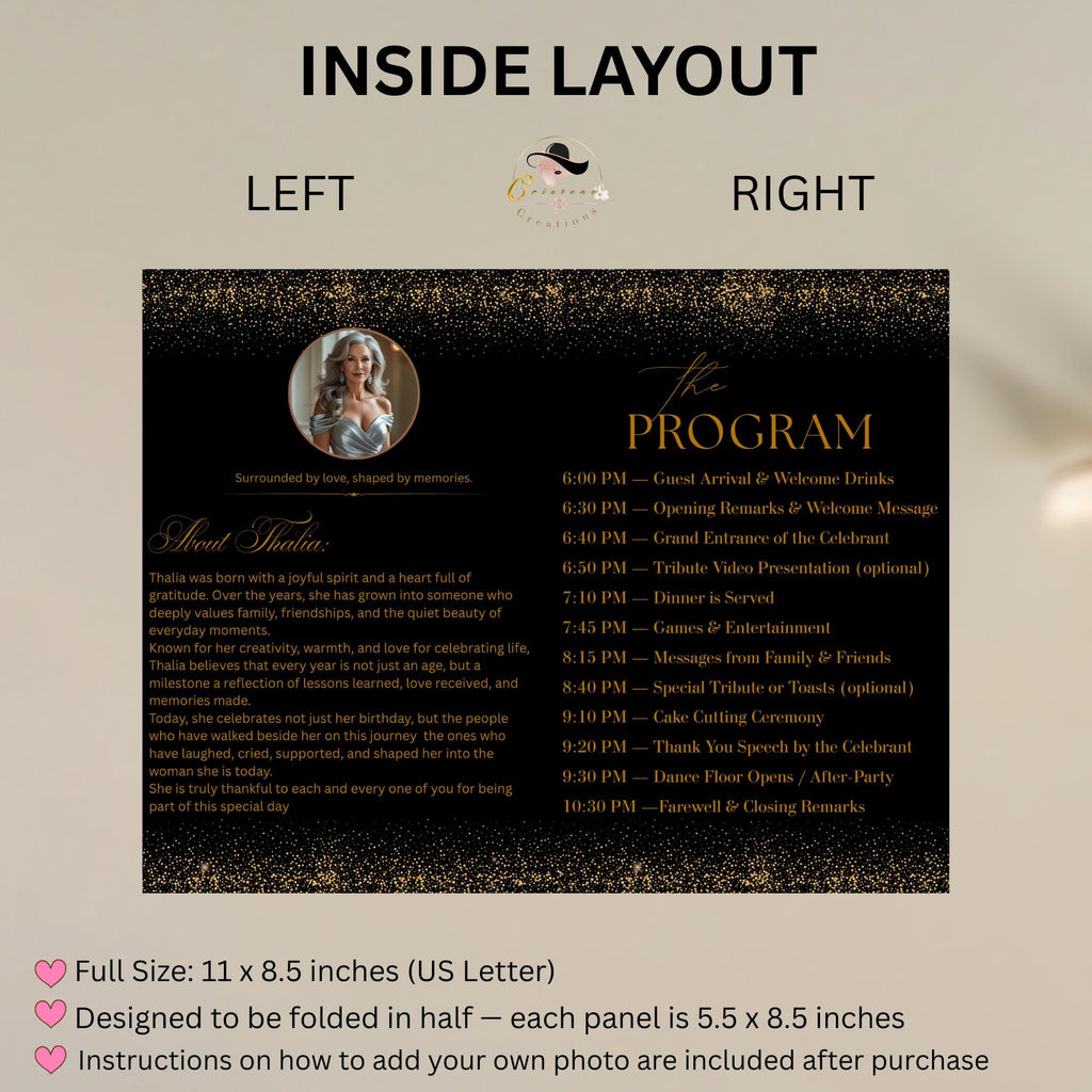 Editable Program Template Black Gold Bifold Birthday Program card with photo Printable Woman Elegant Retirement Party Event Formal Program