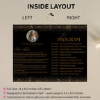 Editable Program Template Black Gold Bifold Birthday Program card with photo Printable Woman Elegant Retirement Party Event Formal Program
