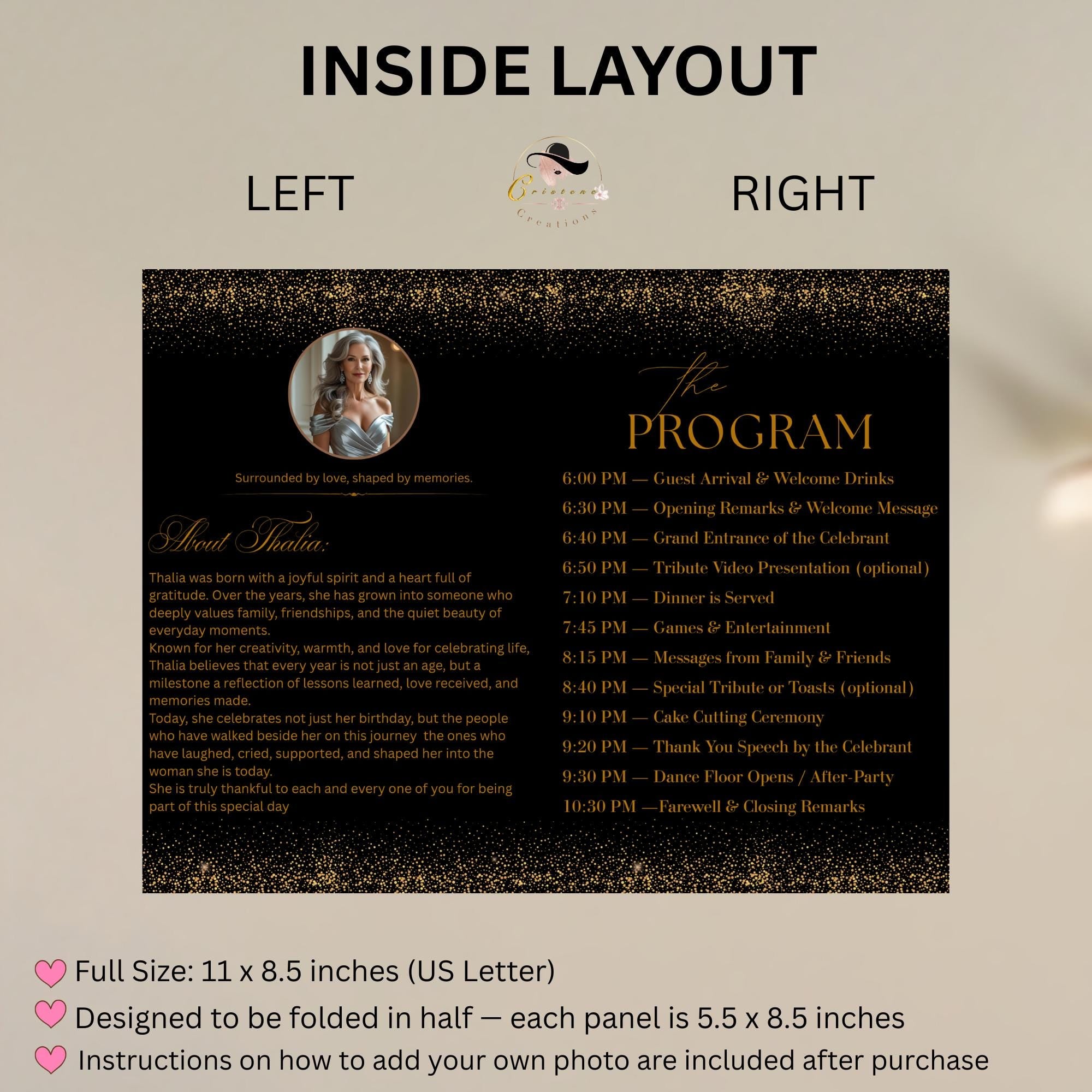 Editable Program Template Black Gold Bifold Birthday Program card with photo Printable Woman Elegant Retirement Party Event Formal Program