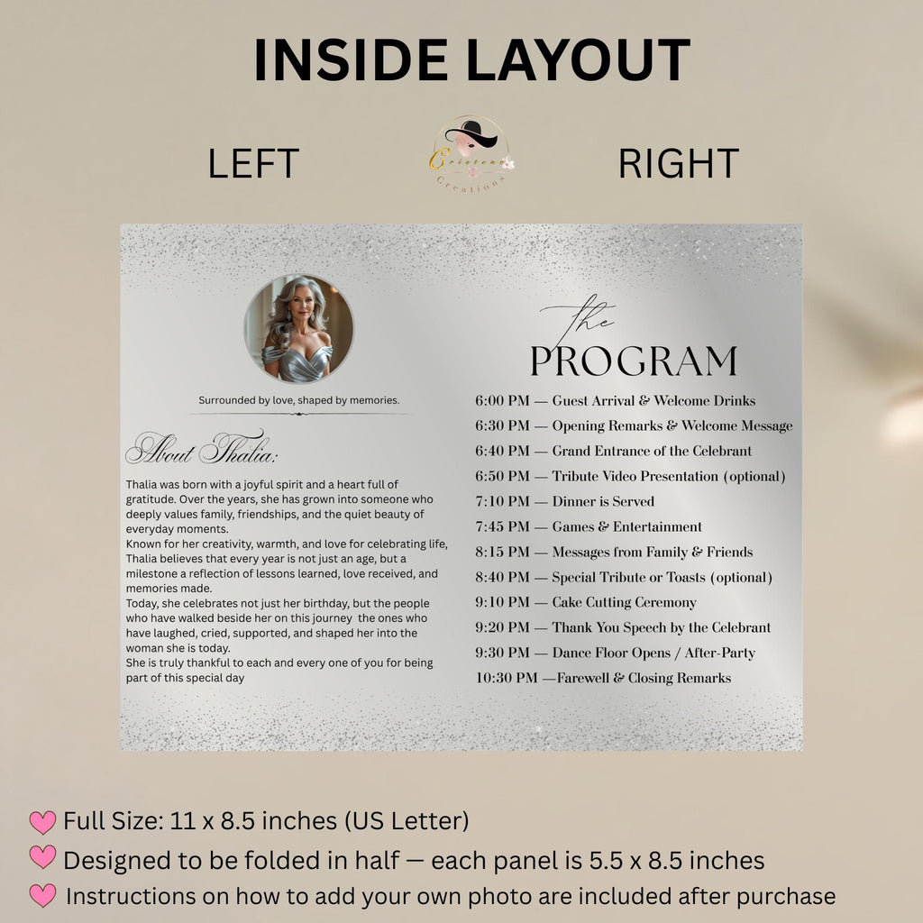 Editable Program Card Template White Silver Bifold Birthday Program with photo Printable Woman Elegant Retirement Party Event Formal Program