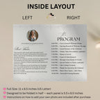 Editable Program Card Template White Silver Bifold Birthday Program with photo Printable Woman Elegant Retirement Party Event Formal Program