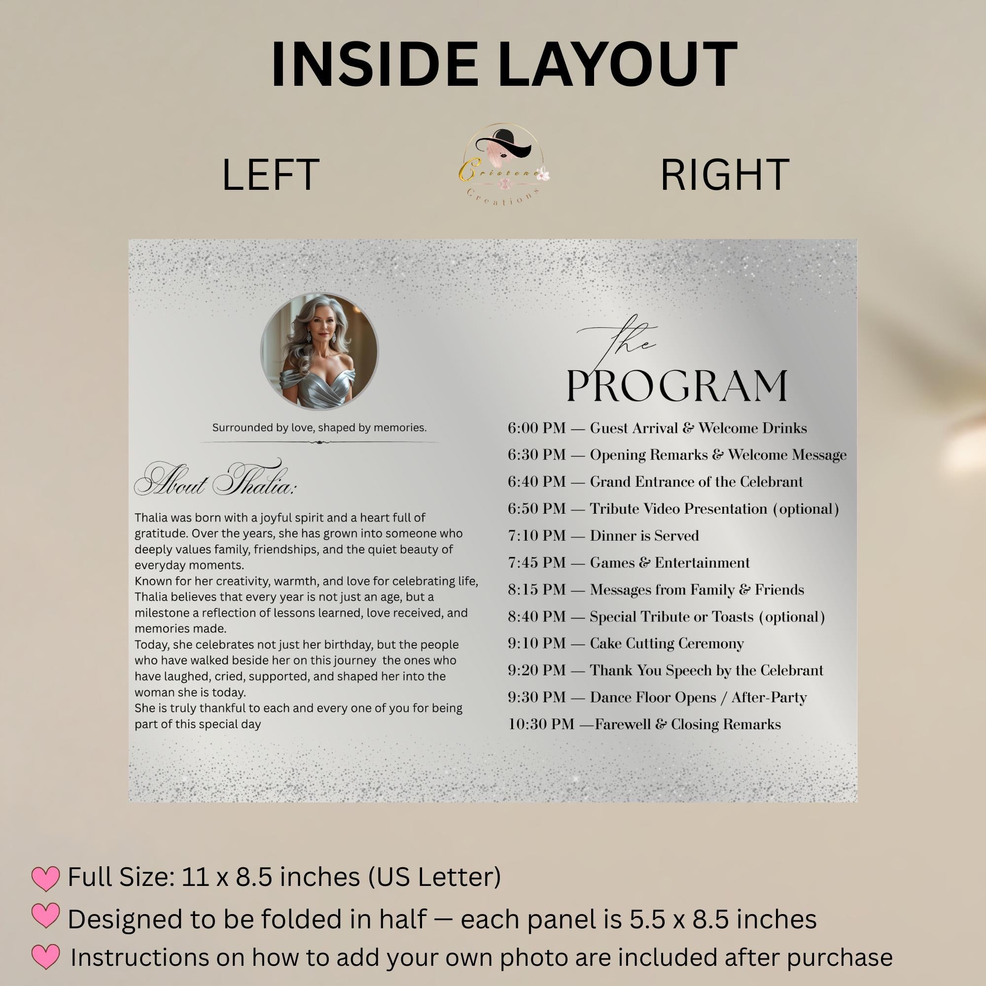 Editable Program Card Template White Silver Bifold Birthday Program with photo Printable Woman Elegant Retirement Party Event Formal Program