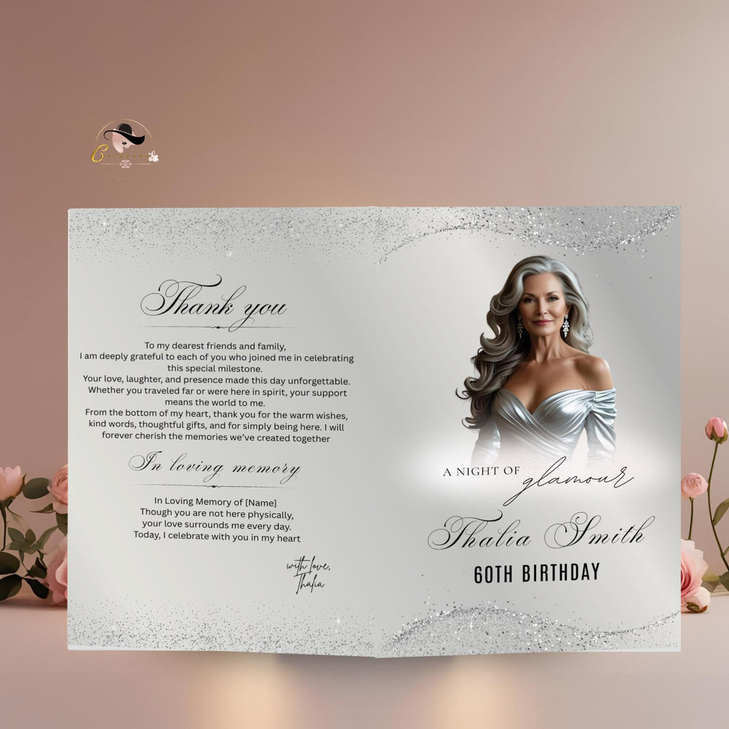 Editable Program Card Template White Silver Bifold Birthday Program with photo Printable Woman Elegant Retirement Party Event Formal Program