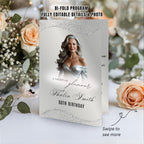 Editable Program Card Template White Silver Bifold Birthday Program with photo Printable Woman Elegant Retirement Party Event Formal Program
