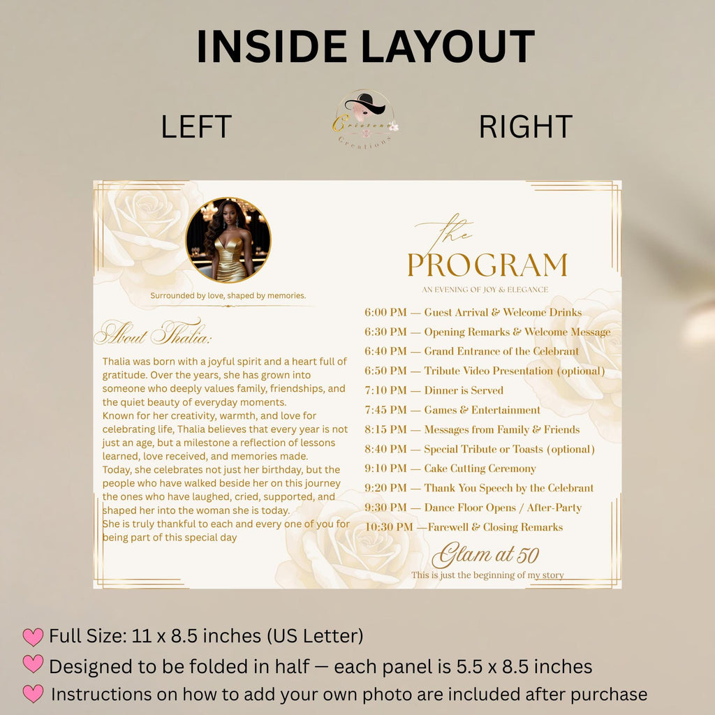 Editable Program Card Template White gold Bifold Birthday Program with photo Printable Elegant Floral Party Program Woman Retirement Decor