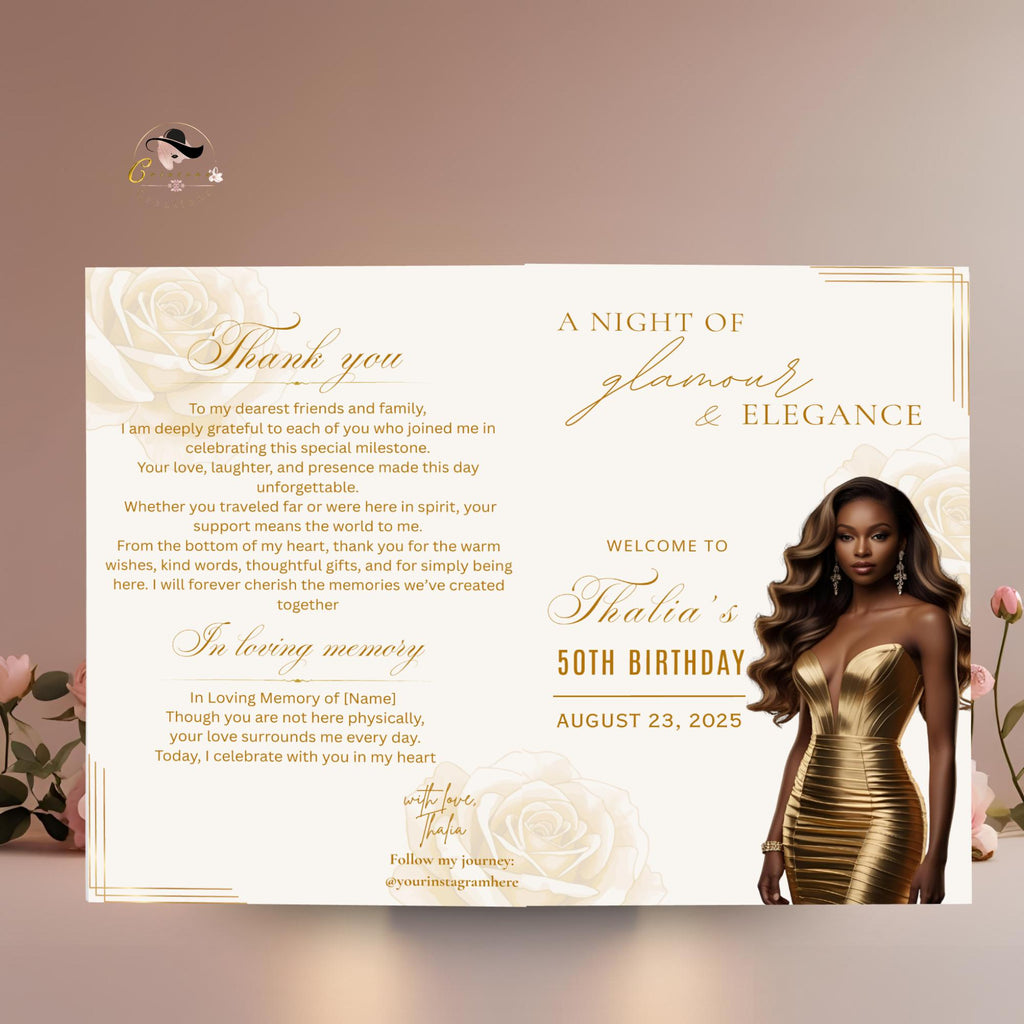 Editable Program Card Template White gold Bifold Birthday Program with photo Printable Elegant Floral Party Program Woman Retirement Decor
