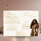 Editable Program Card Template White gold Bifold Birthday Program with photo Printable Elegant Floral Party Program Woman Retirement Decor