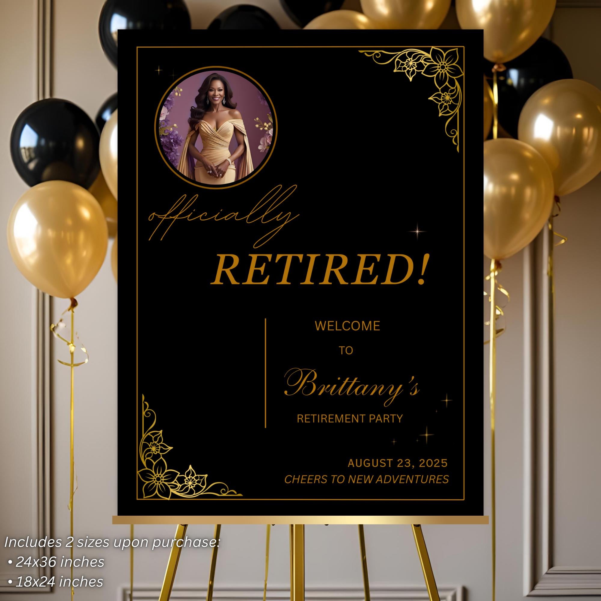 Editable Retirement Party Welcome Sign Black Gold Retirement Poster sign with photo, Farewell Sign, Printable Birthday Dinner Sign Template