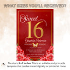 Red and Gold Sweet Sixteen Invitation, Floral Party Invite (Digital)