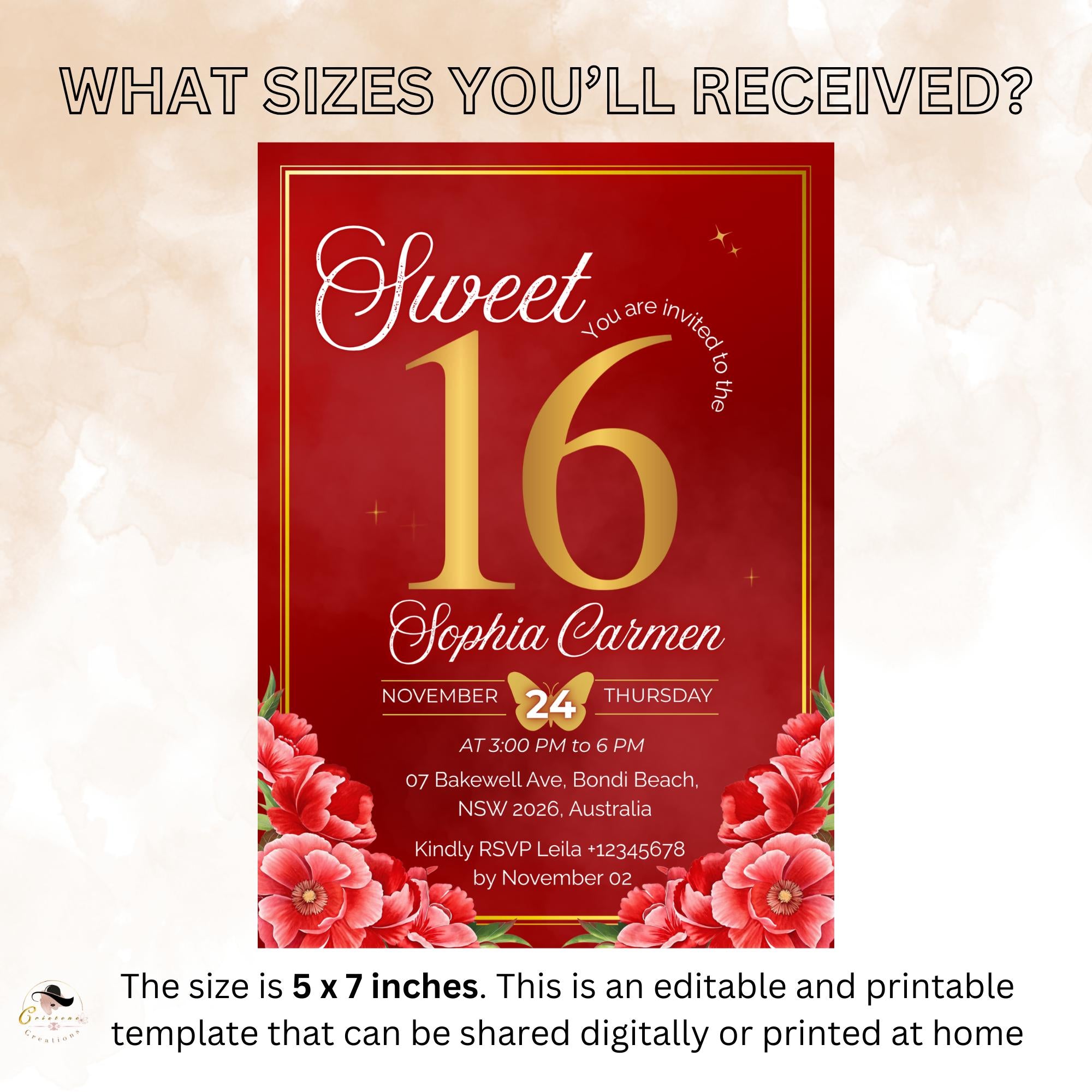 Red and Gold Sweet Sixteen Invitation, Floral Party Invite (Digital)