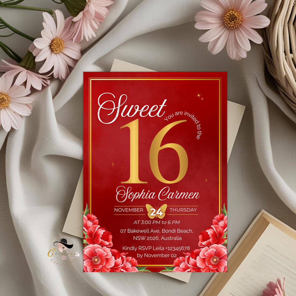 Red and Gold Sweet Sixteen Invitation, Floral Party Invite (Digital)
