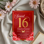 Red and Gold Sweet Sixteen Invitation, Floral Party Invite (Digital)