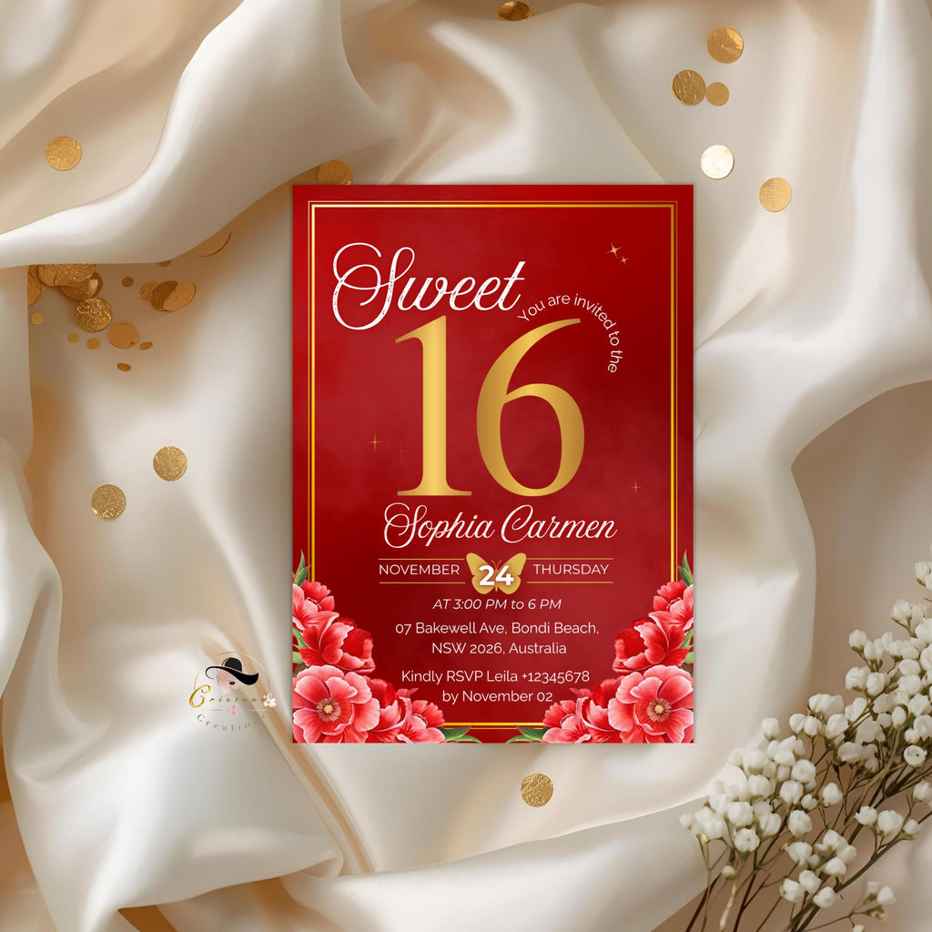 Red and Gold Sweet Sixteen Invitation, Floral Party Invite (Digital)
