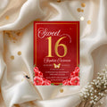Red and Gold Sweet Sixteen Invitation, Floral Party Invite (Digital)