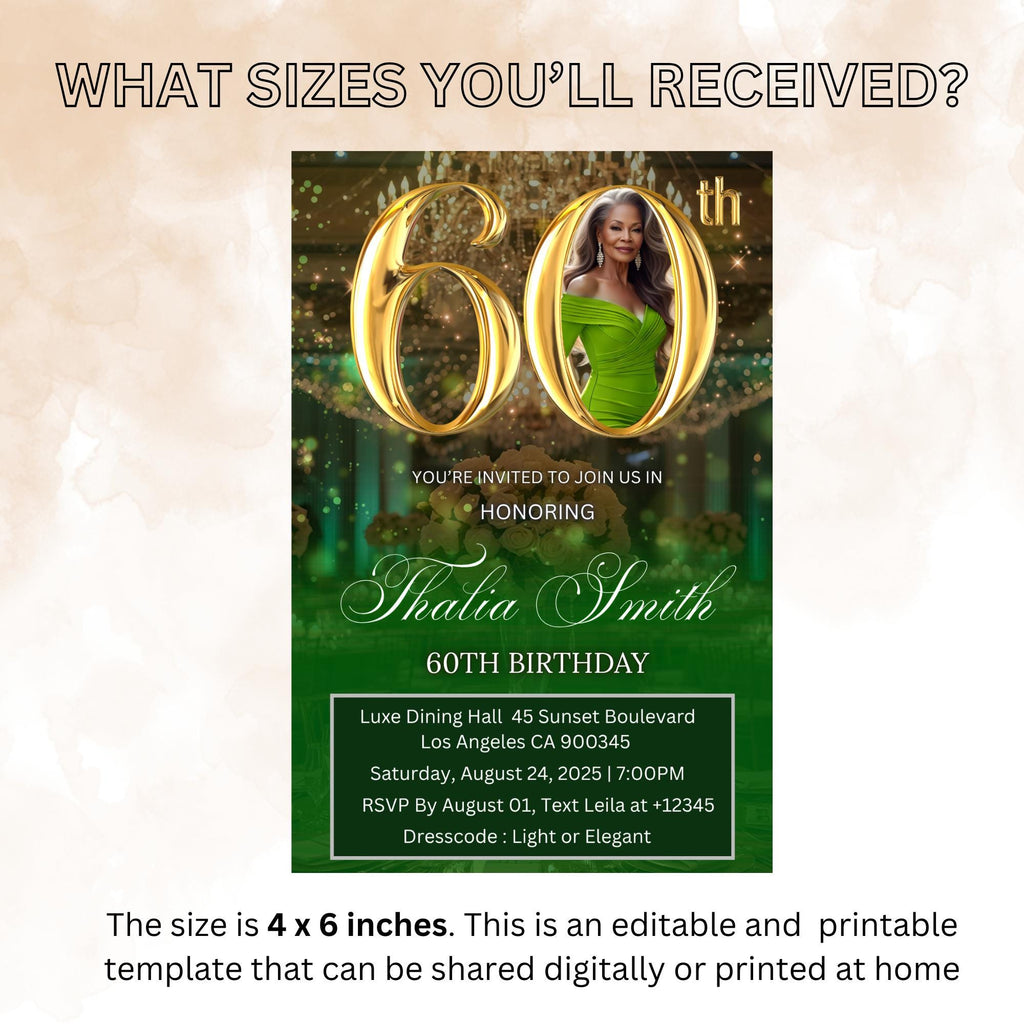 Digital 60th Birthday invitation, Green Gold Luxury 60th Birthday Dinner Invite with photo, Sixtieth Birthday Party Card, Printable Template