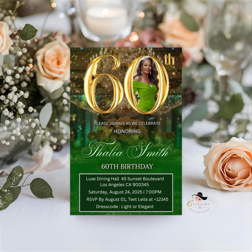 Digital 60th Birthday invitation, Green Gold Luxury 60th Birthday Dinner Invite with photo, Sixtieth Birthday Party Card, Printable Template