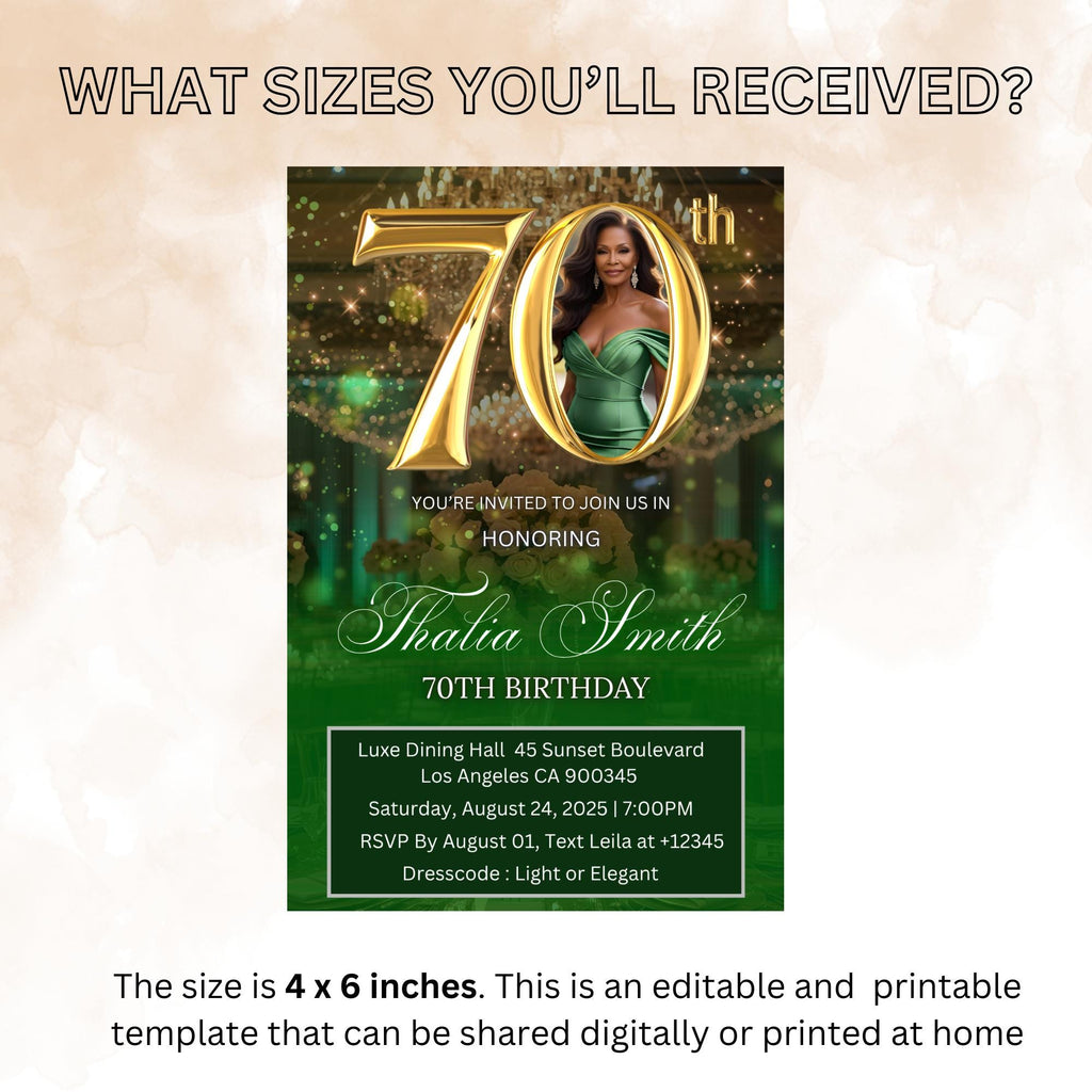 Digital 70th Birthday invitation Green Gold Luxury 70th Birthday Dinner Invite with photo Seventieth Birthday Party Card Printable Template