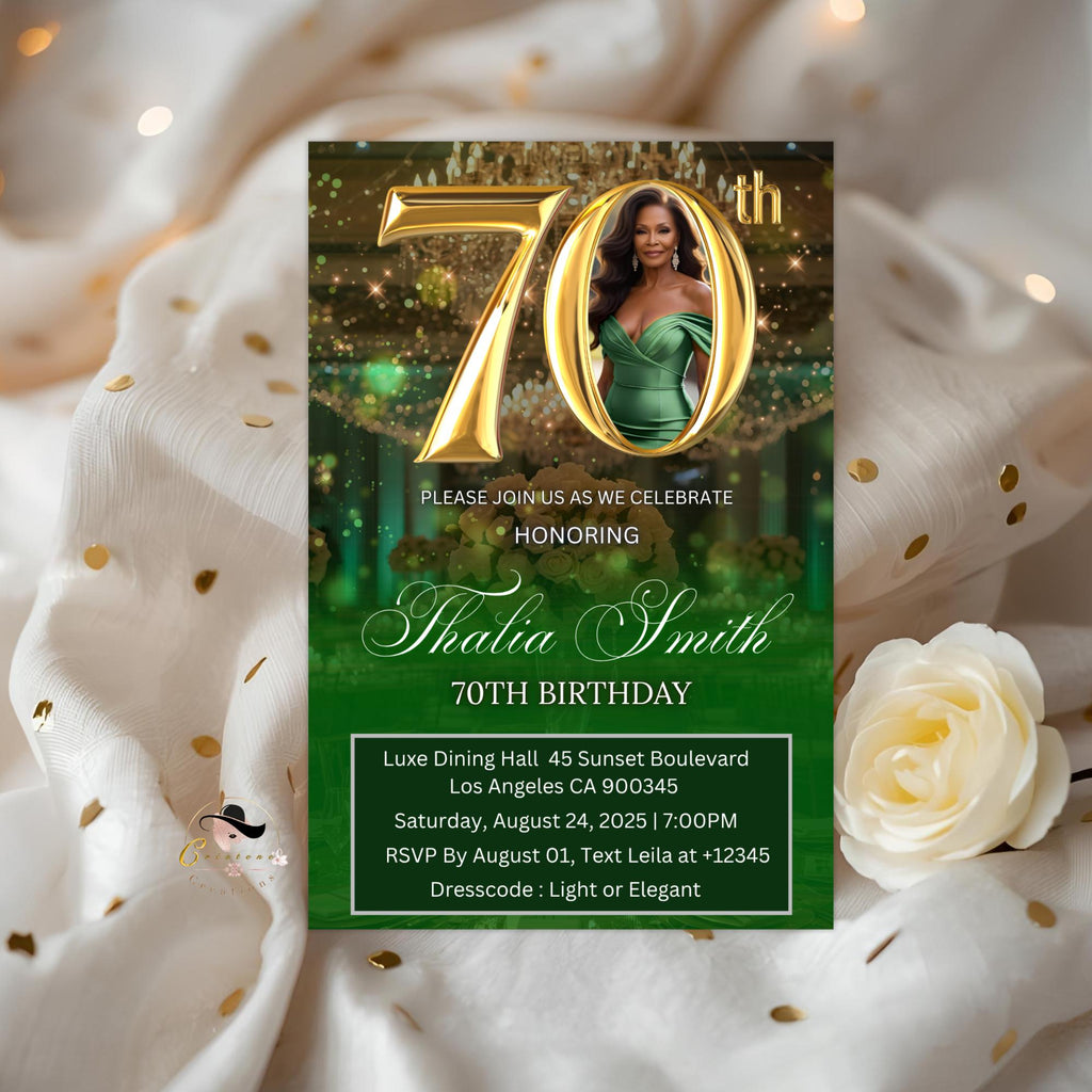 Digital 70th Birthday invitation Green Gold Luxury 70th Birthday Dinner Invite with photo Seventieth Birthday Party Card Printable Template