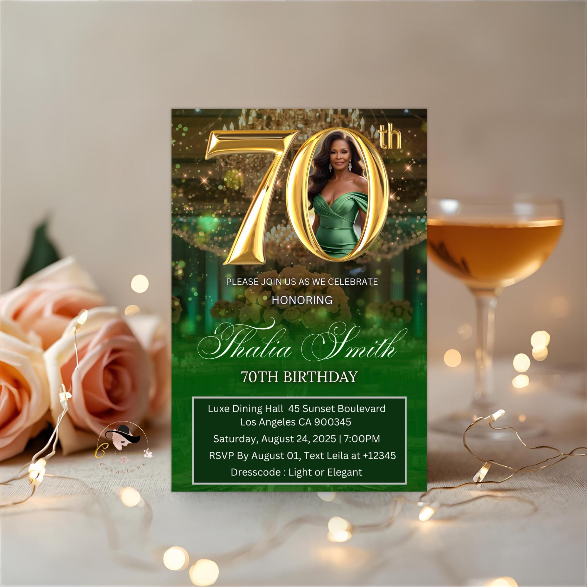 Digital 70th Birthday invitation Green Gold Luxury 70th Birthday Dinner Invite with photo Seventieth Birthday Party Card Printable Template