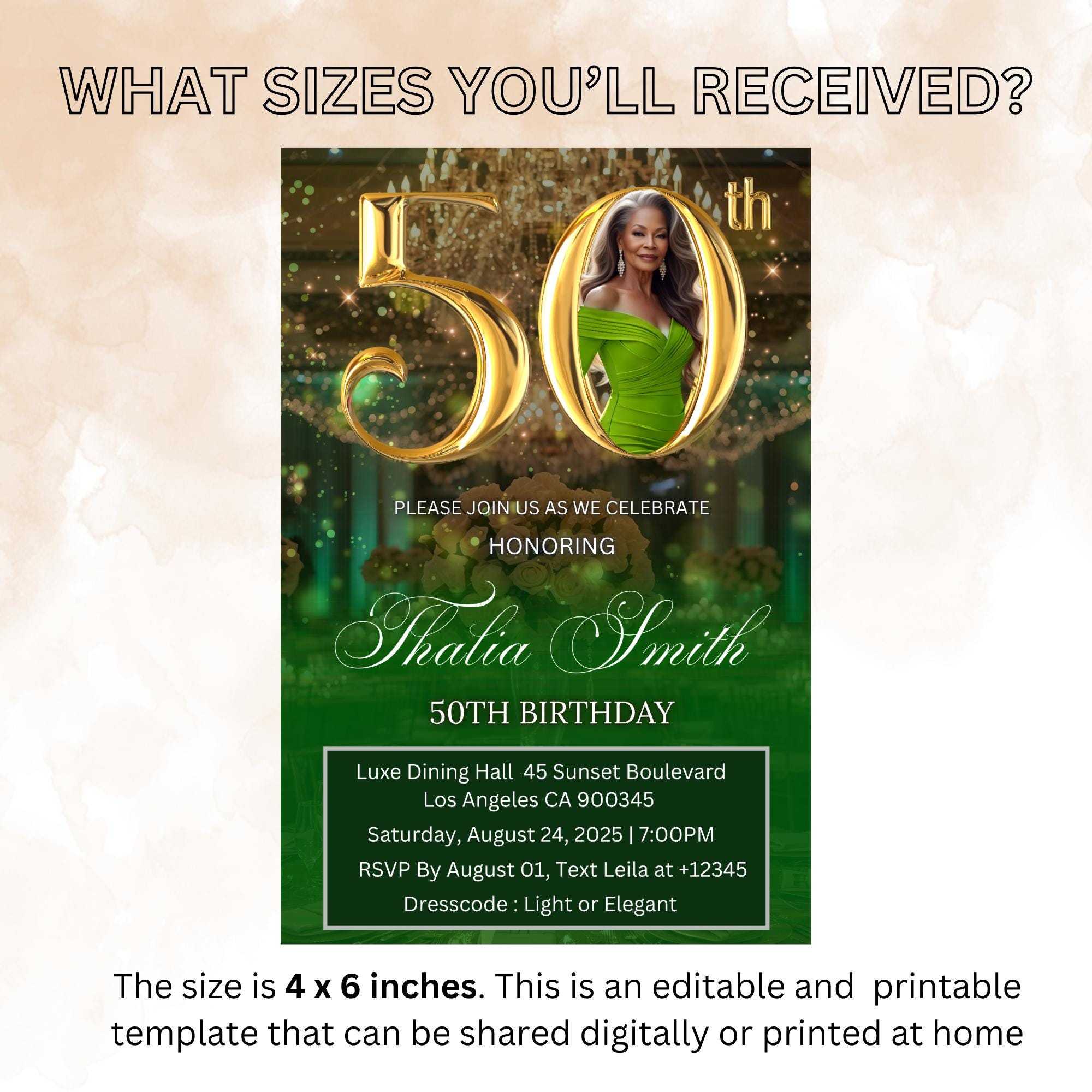 Digital 50th Birthday Invitation Green Golden 50th Birthday Dinner invite with photo Elegant Birthday party woman card Printable Template