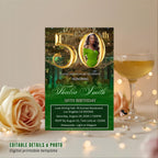 Digital 50th Birthday Invitation Green Golden 50th Birthday Dinner invite with photo Elegant Birthday party woman card Printable Template