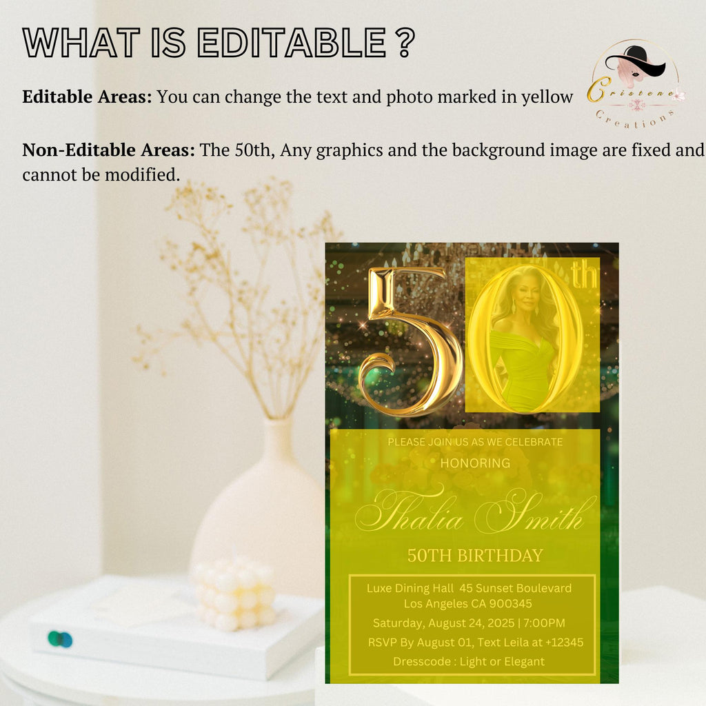 Digital 50th Birthday Invitation Green Golden 50th Birthday Dinner invite with photo Elegant Birthday party woman card Printable Template