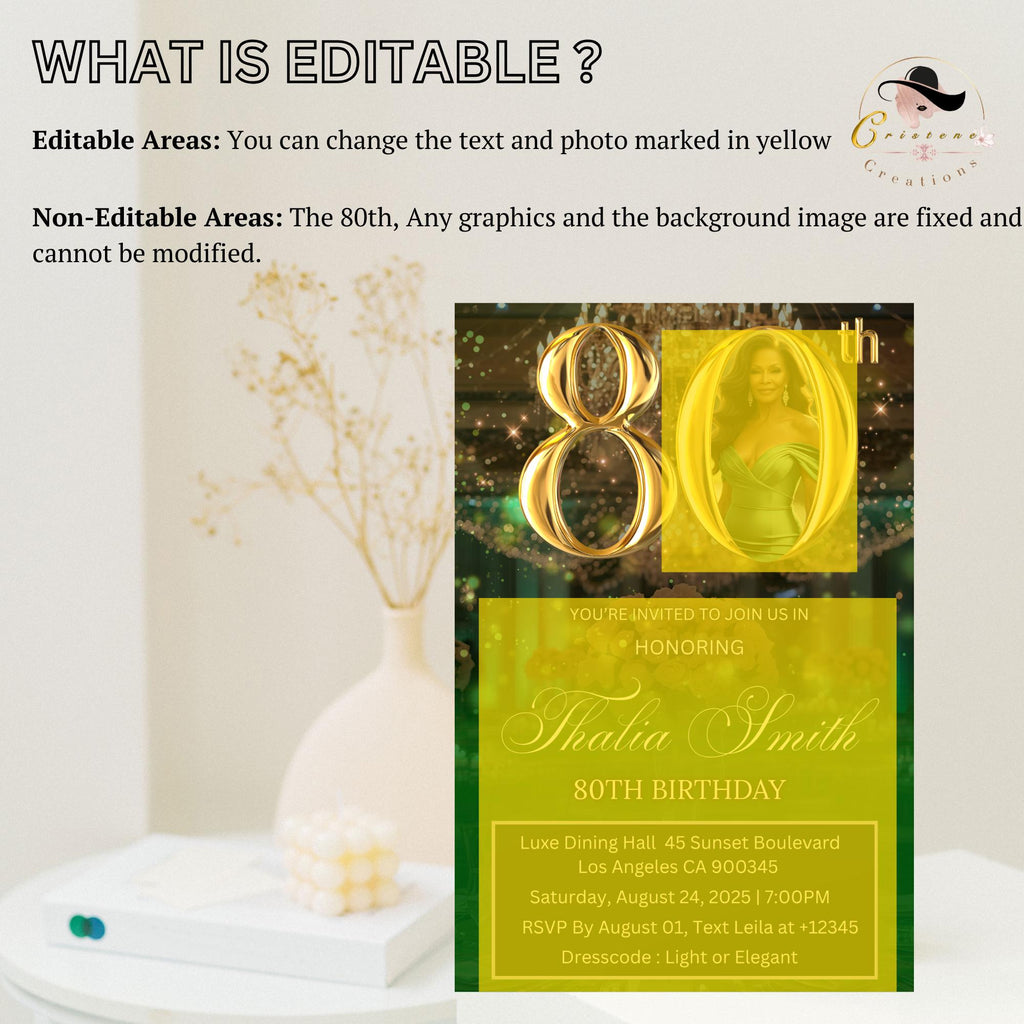 Digital 80th Birthday invitation Green Gold Luxury 80th Birthday Dinner invite with photo Eightieth Birthday party card Editable Template