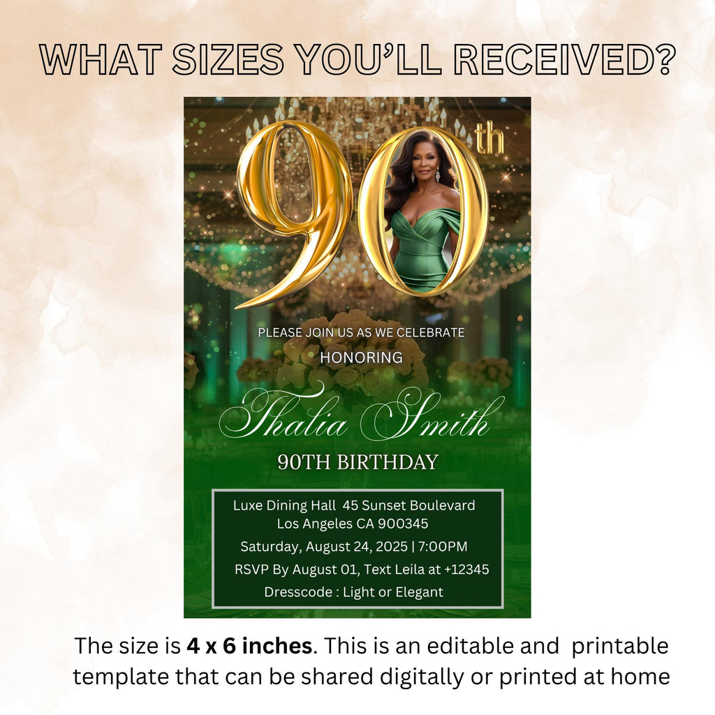 Digital 90th Birthday invitation Green Gold Luxury 90th Birthday Dinner Invite with photo Ninetieth Birthday Party Card Printable Template