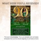 Digital 90th Birthday invitation Green Gold Luxury 90th Birthday Dinner Invite with photo Ninetieth Birthday Party Card Printable Template