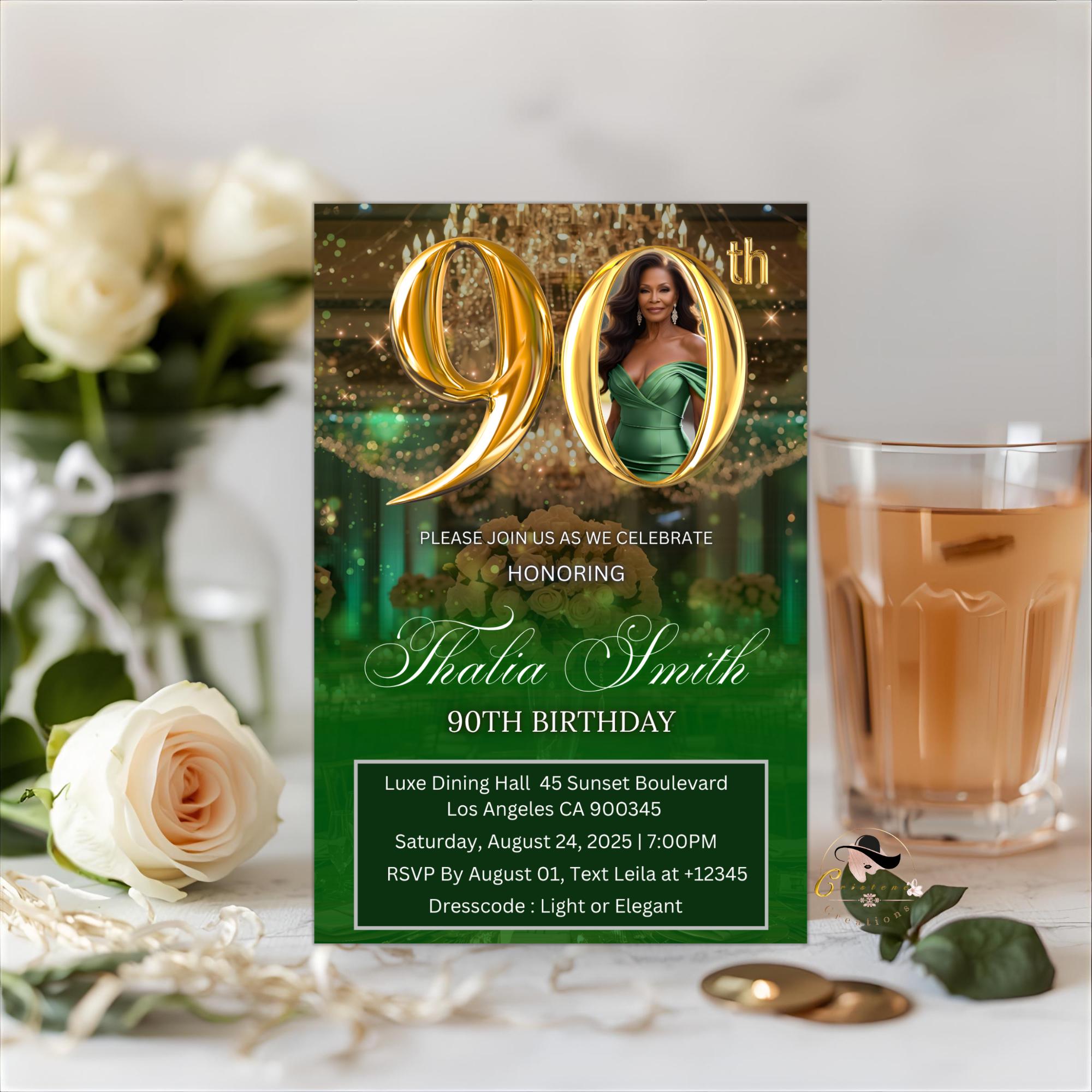 Digital 90th Birthday invitation Green Gold Luxury 90th Birthday Dinner Invite with photo Ninetieth Birthday Party Card Printable Template